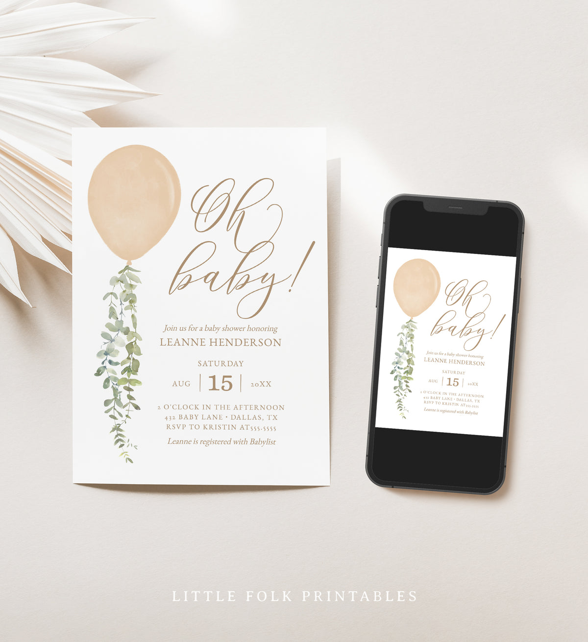 Editable Gold Balloon Baby Shower Invitation Template