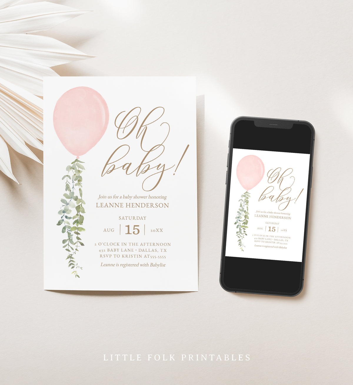 Editable Pink Balloon Baby Shower Invitation Template