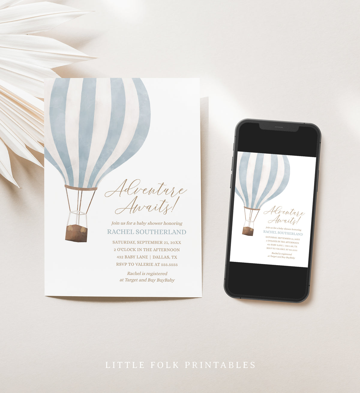 Editable Blue Hot Air Balloon Baby Shower Invitation Template