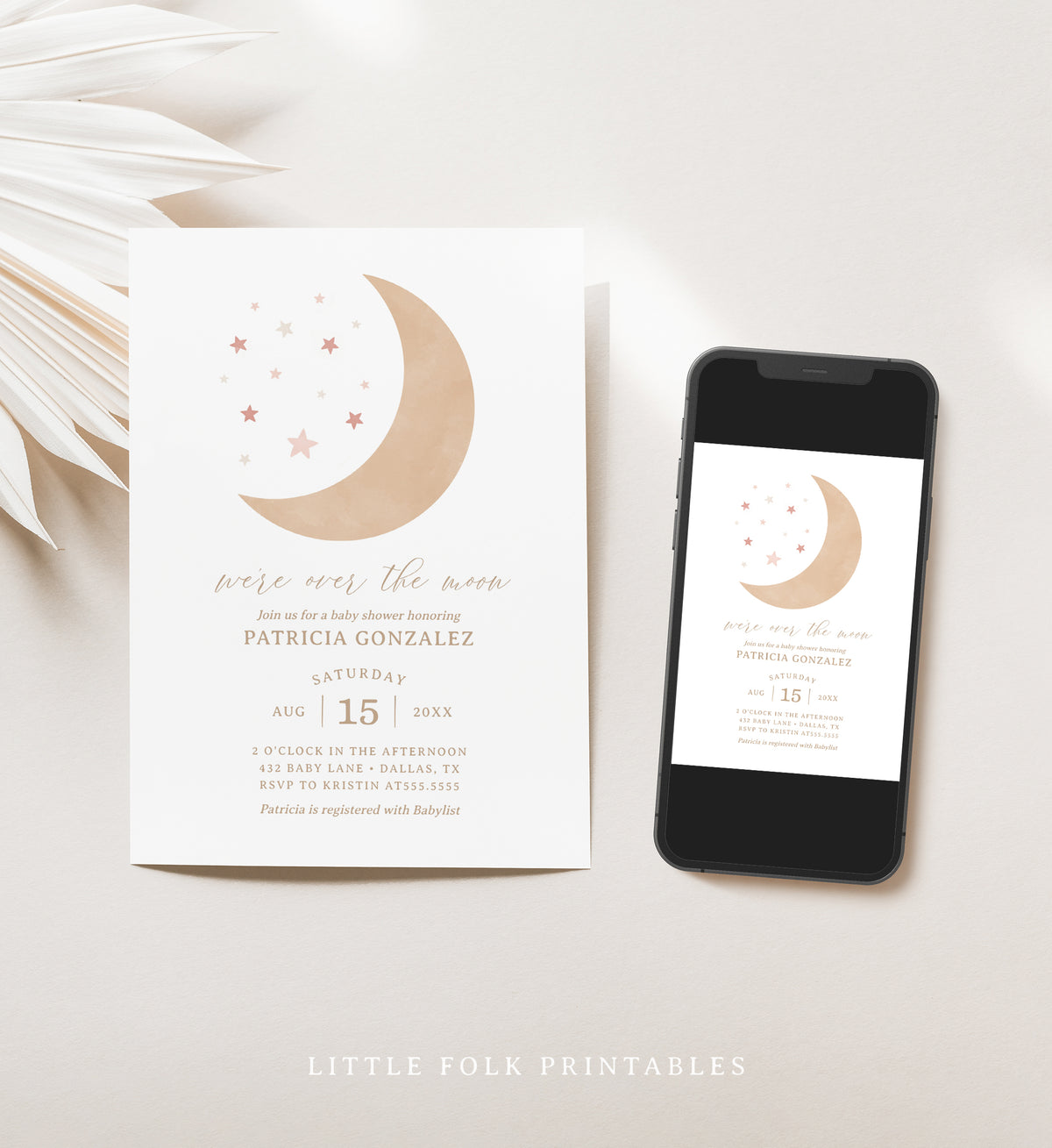 Editable Over the Moon Girl Baby Shower Invitation Template