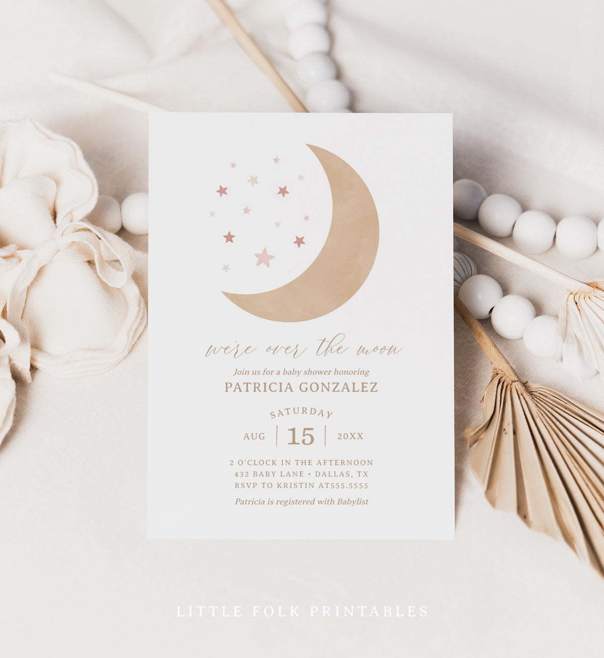 Editable Over the Moon Girl Baby Shower Invitation Template