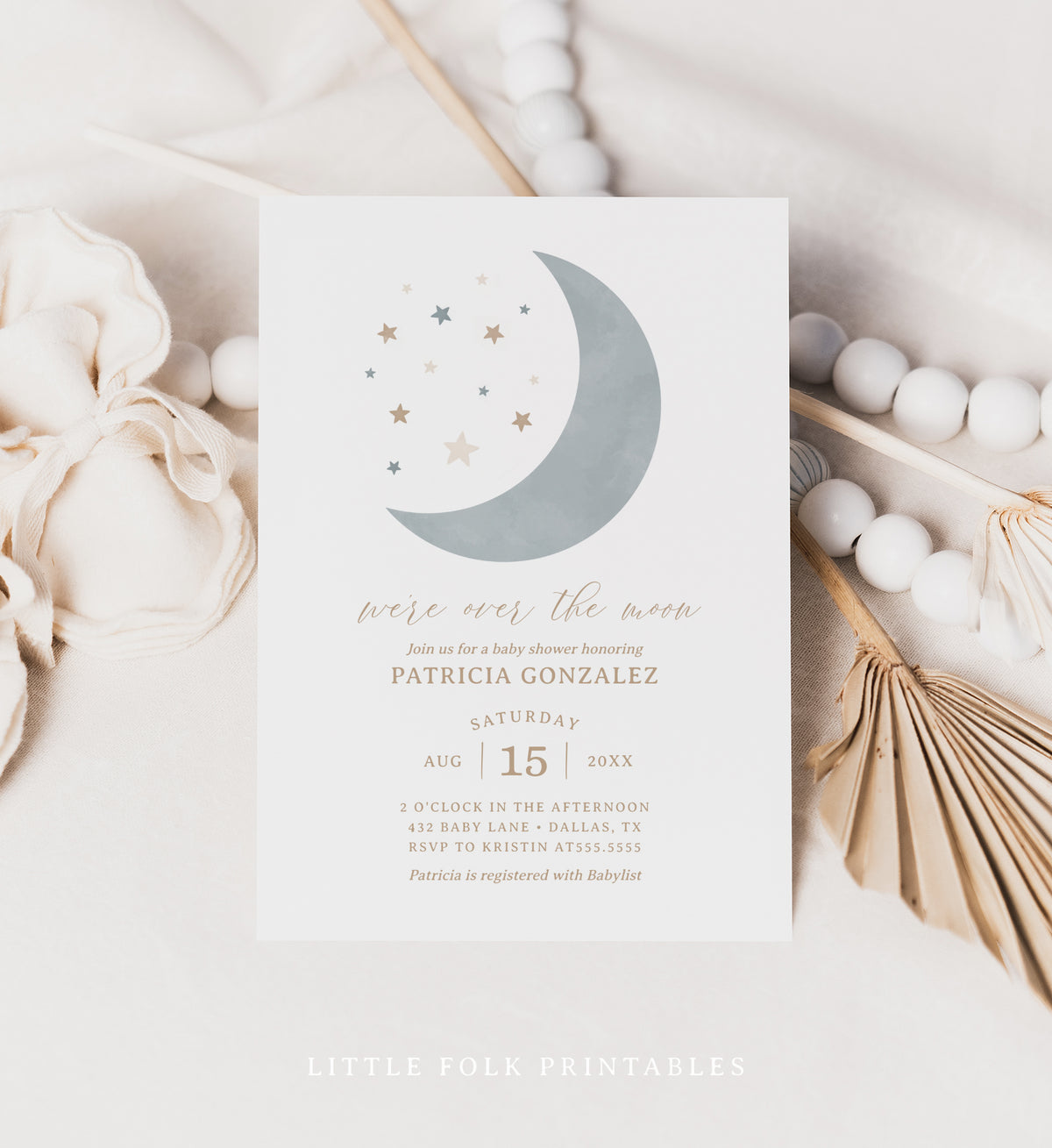 Editable Over the Moon Boy Baby Shower Invitation Template