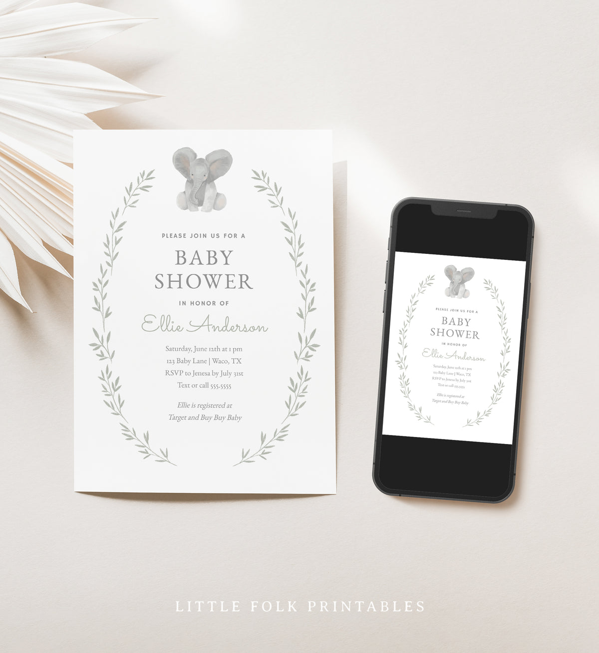 Editable Elephant Greenery Baby Shower Invitation Template