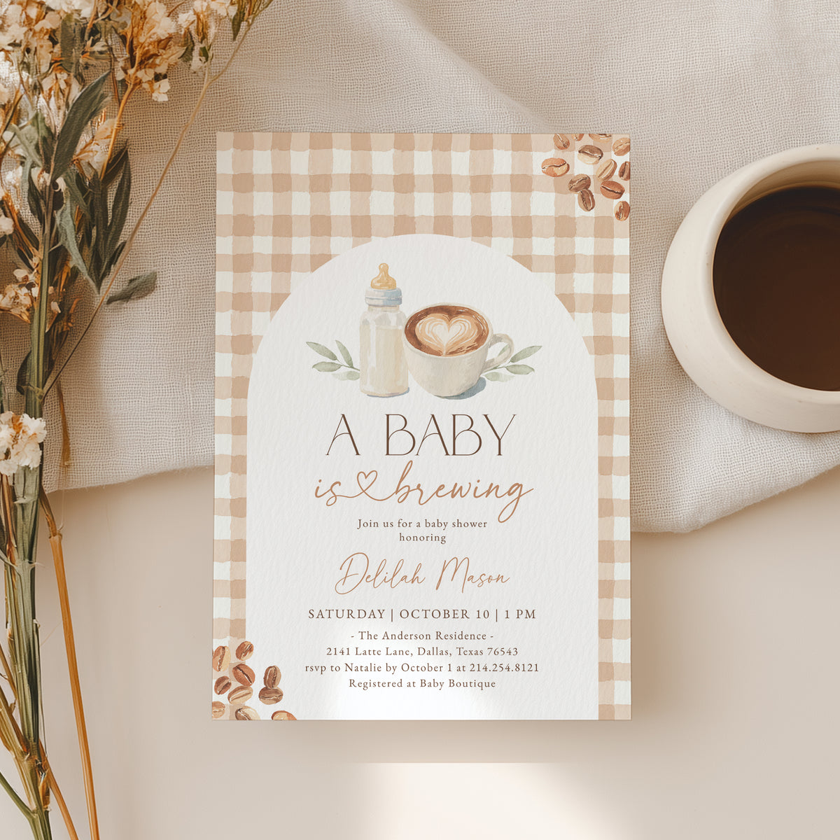 Gingham Coffee Baby Shower Invitation