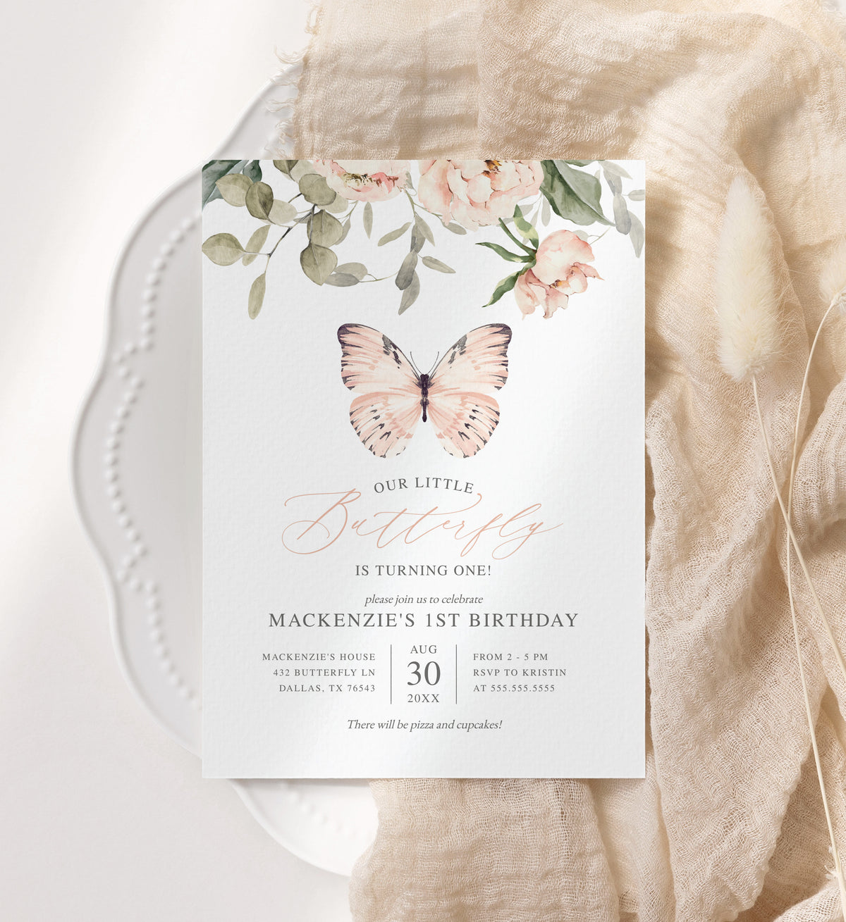 Editable Pink Butterfly Birthday Invitation Template