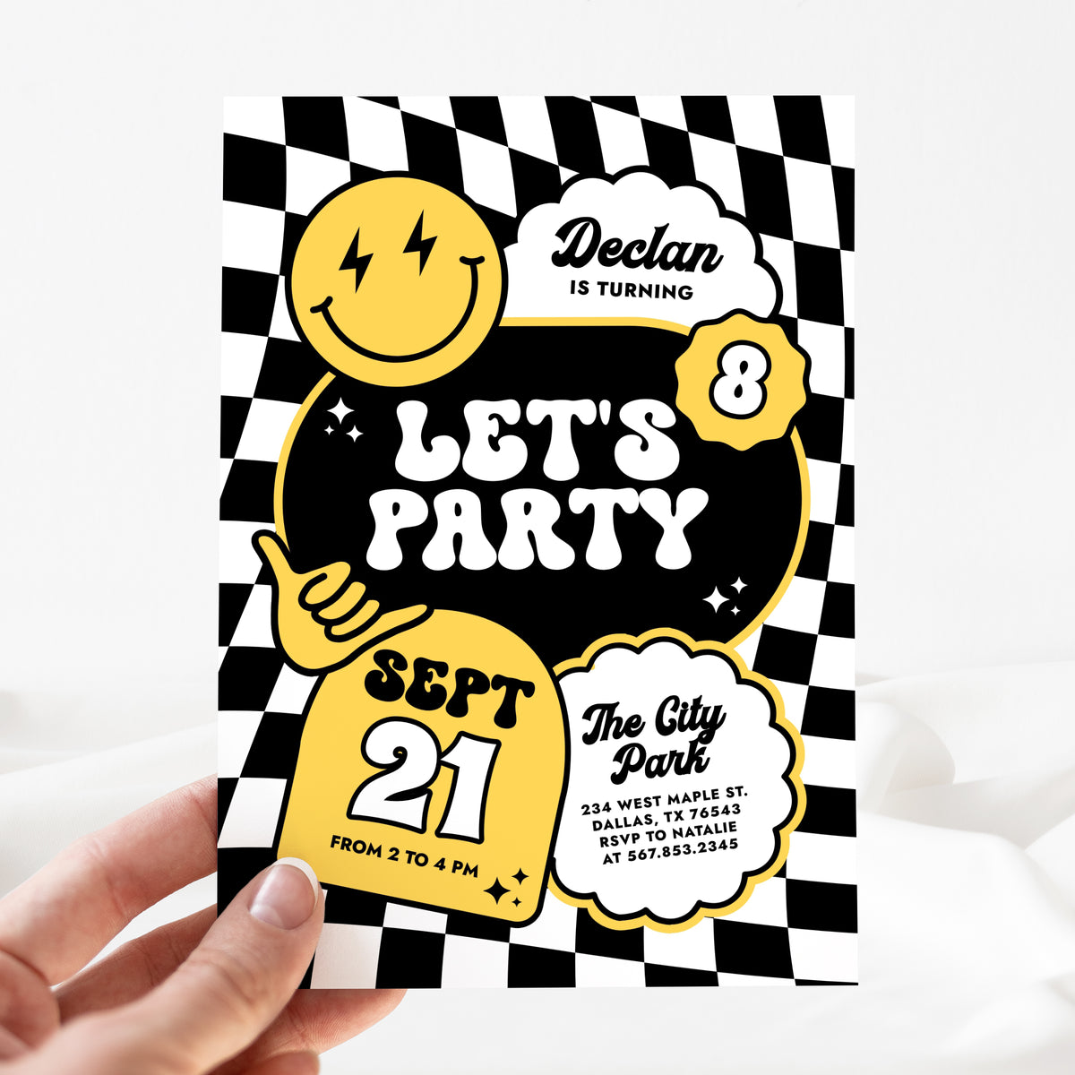 Black and Yellow Checker Smile Face Birthday Invitation