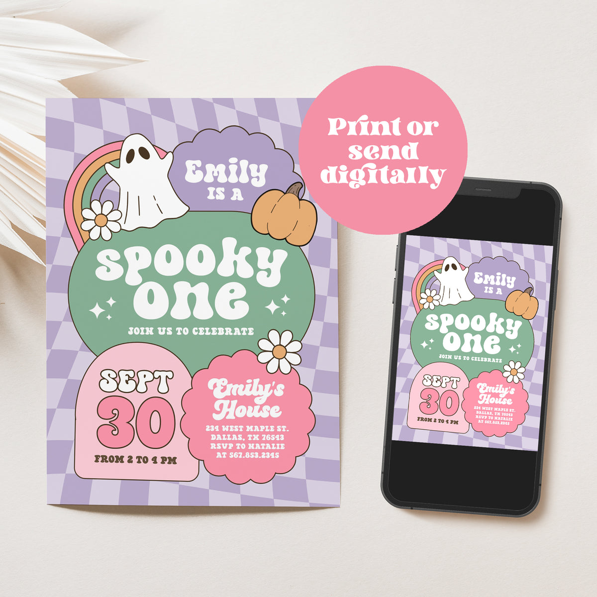 Purple Retro Checker Spooky One Halloween Birthday Invitation