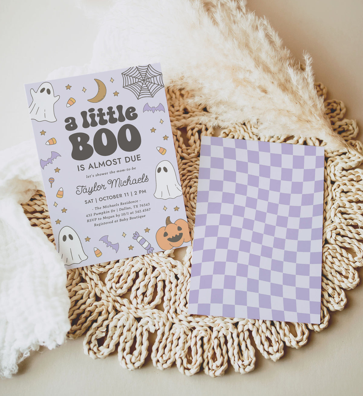 Little Boo Retro Baby Shower Invitation Template (Purple)