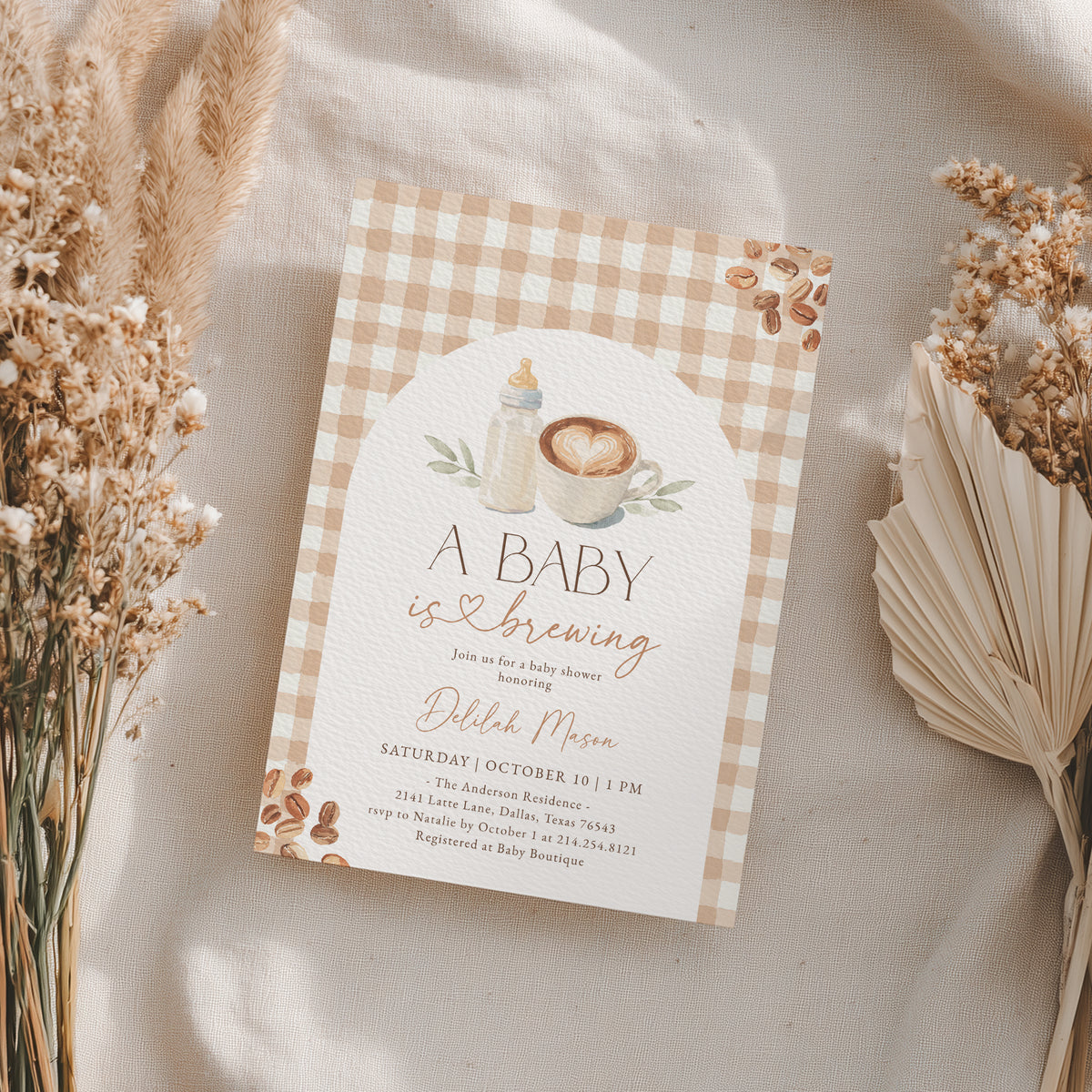 Gingham Coffee Baby Shower Invitation