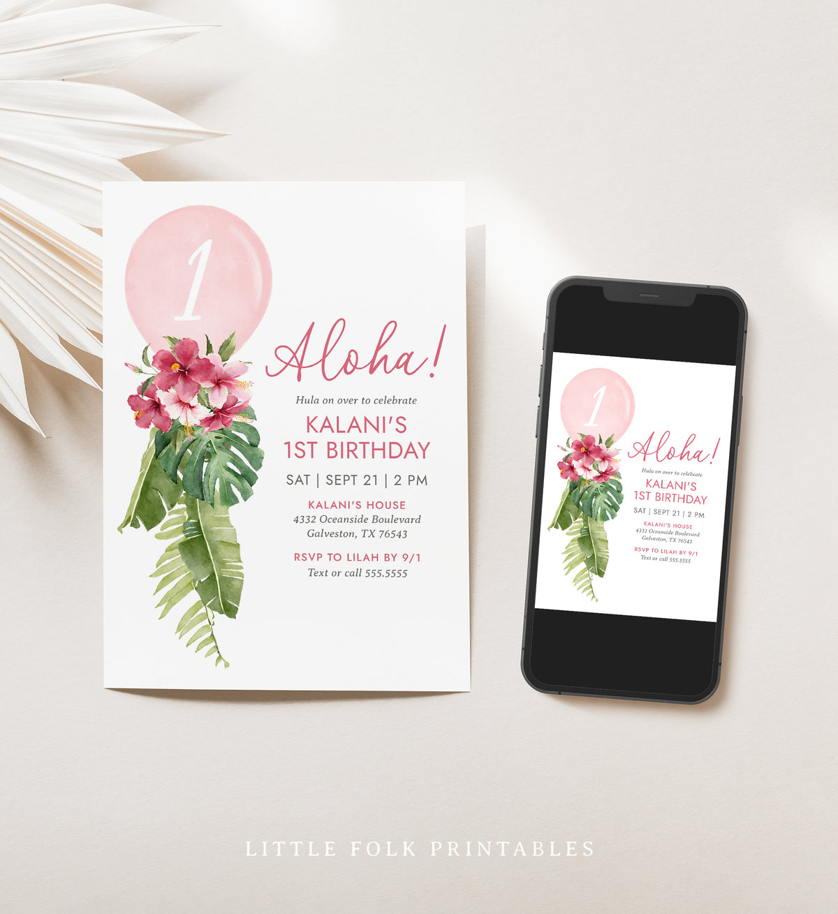 Editable 1st Luau Balloon Birthday Party Invitation Template