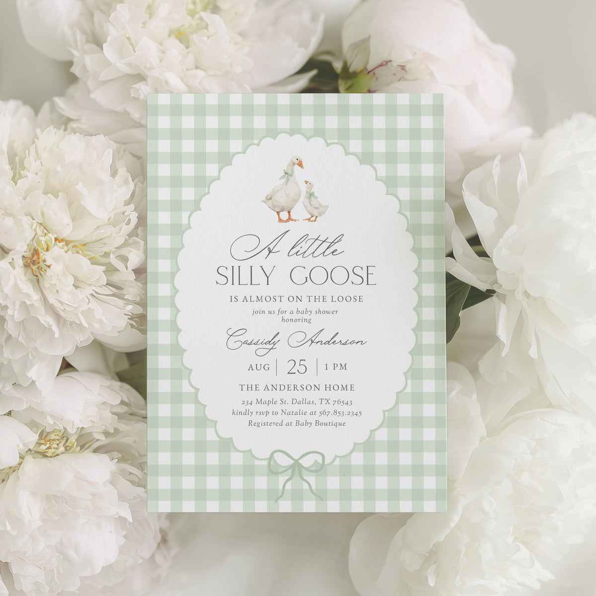 Sage Gingham Goose Baby Shower Invitation