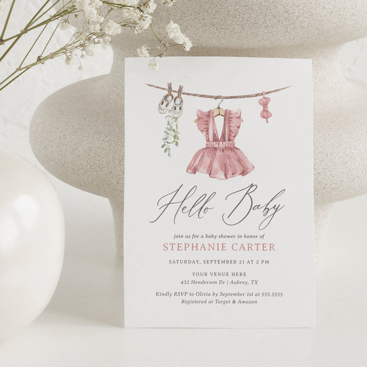 Pink Baby Clothes Baby Shower Invitation Template