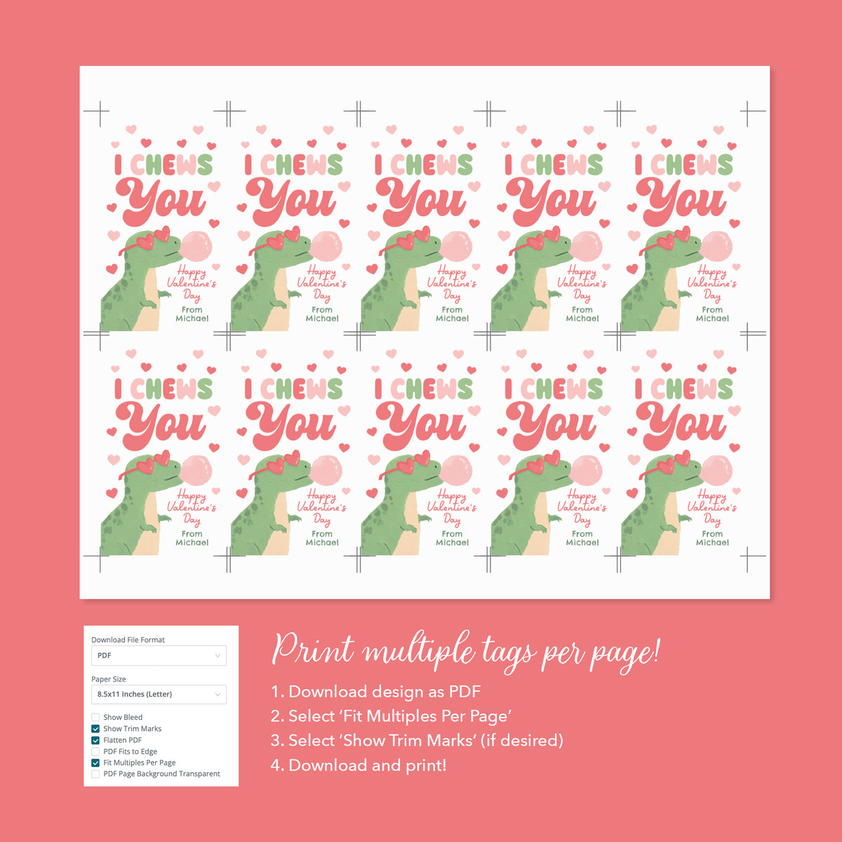 I Chews You Dinosaur Valentine's Tag Template