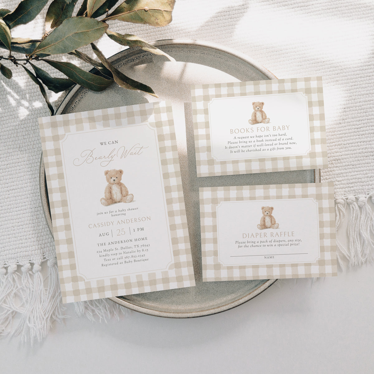 Neutral Gingham Teddy Bear Baby Invitation Suite