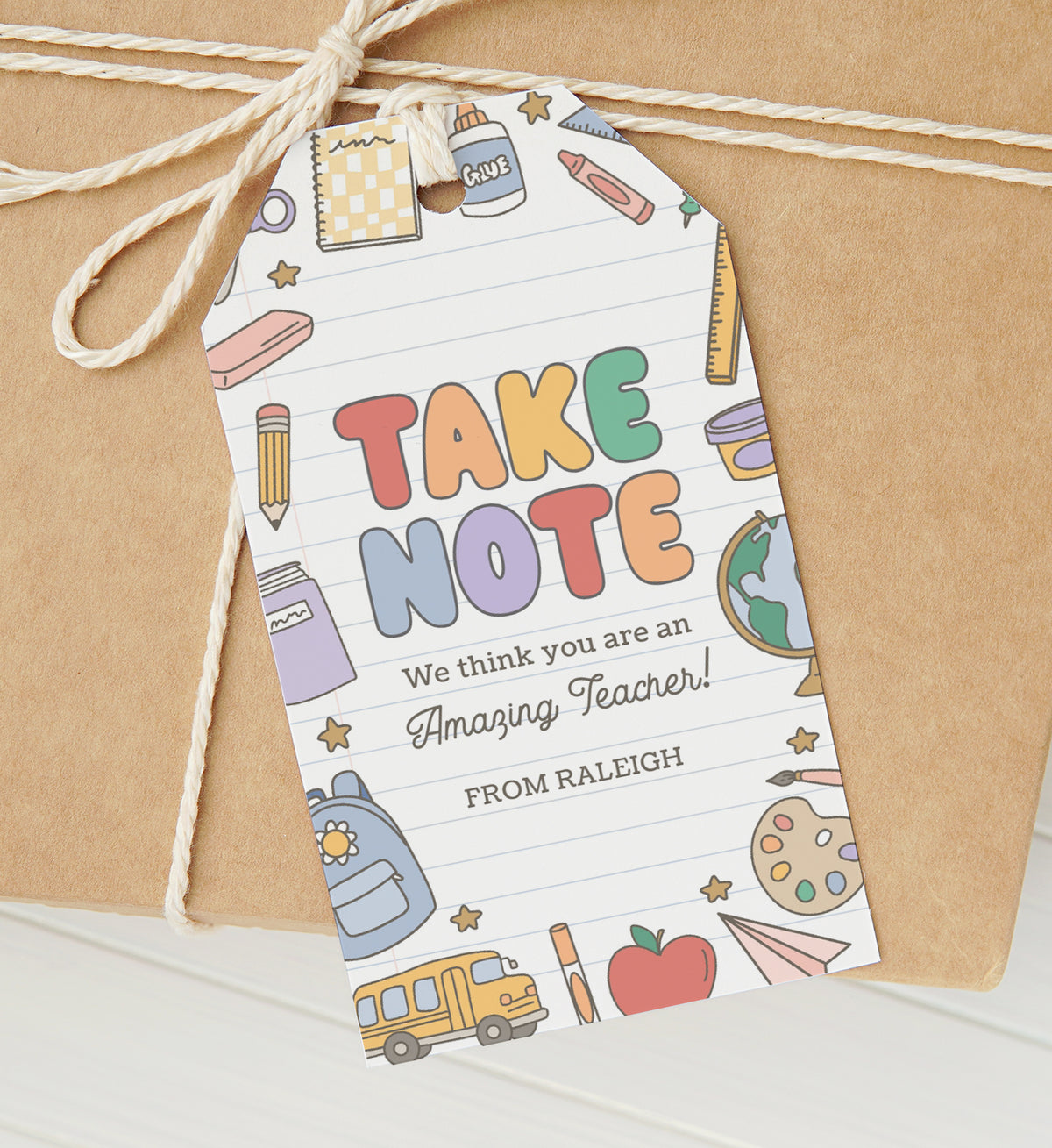 Take Note Retro School Supplies Teacher Appreciation Tag Template