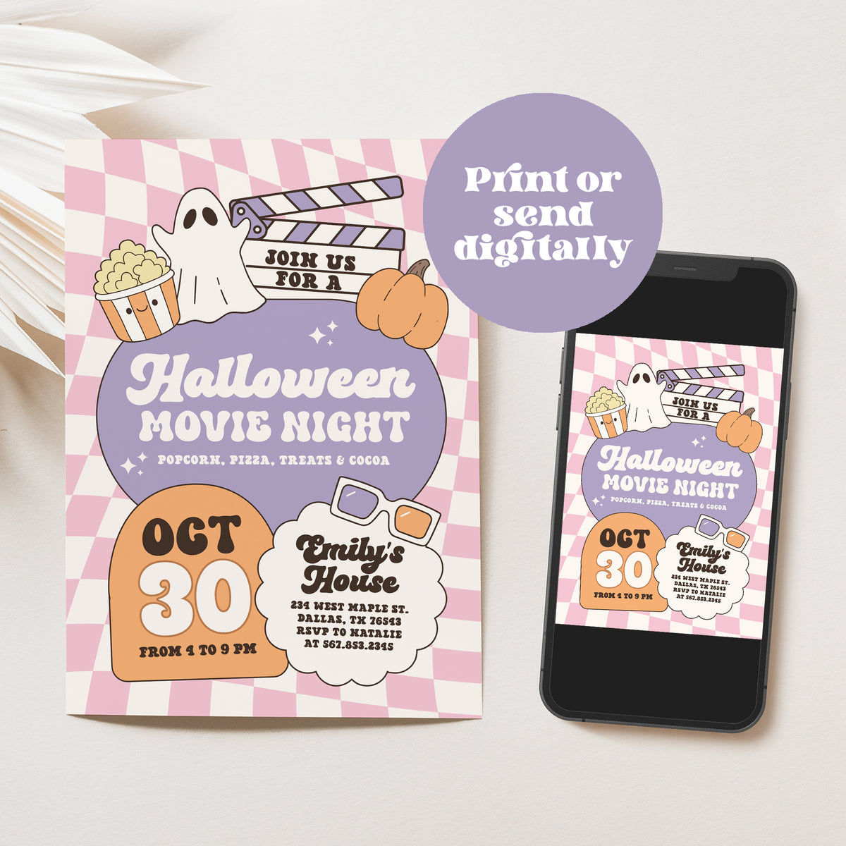 Pink Retro Checker Halloween Movie Night Invitation