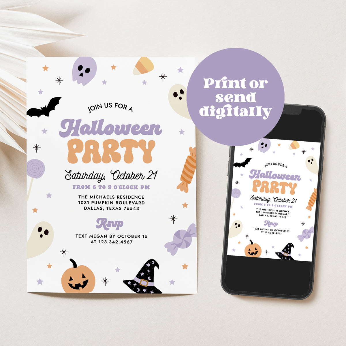 Purple and Orange Retro Halloween Party Invitation