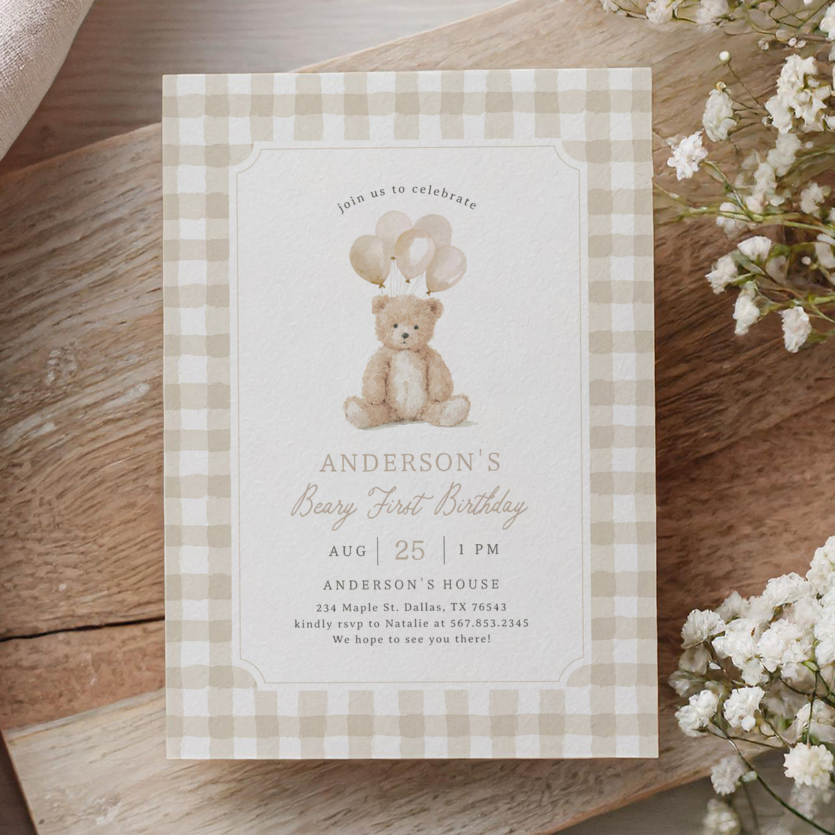 Neutral Gingham Teddy Bear Birthday Invitation