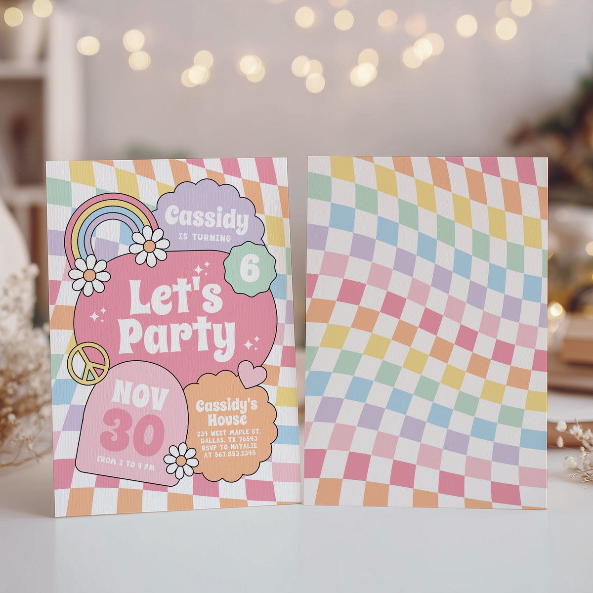 Groovy Pastel Rainbow Checker Birthday Invitation