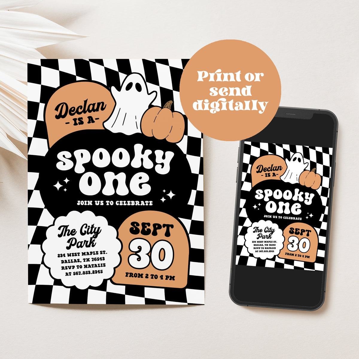 Orange Retro Checker Spooky One Halloween Birthday Invitation