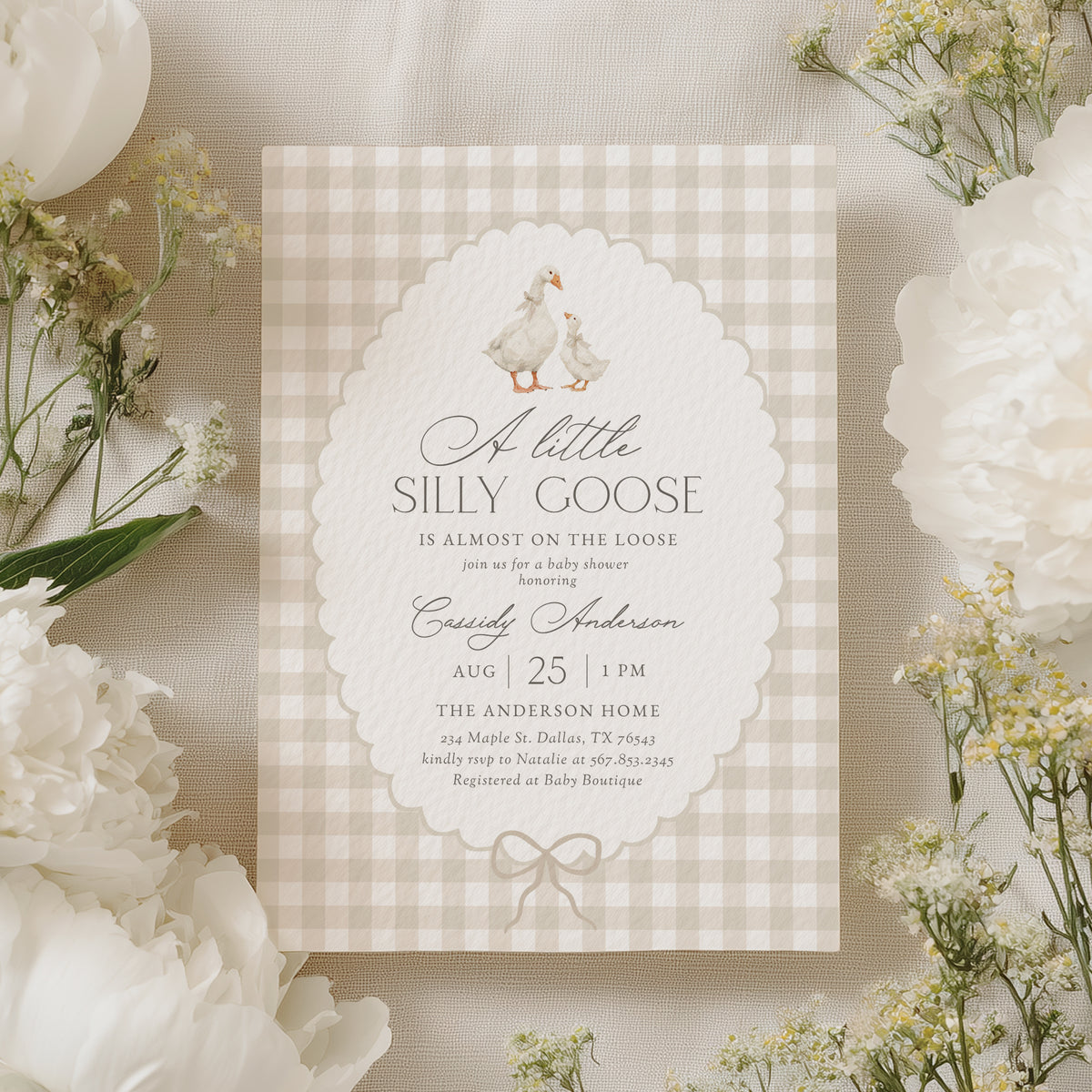 Neutral Gingham Goose Baby Shower Invitation
