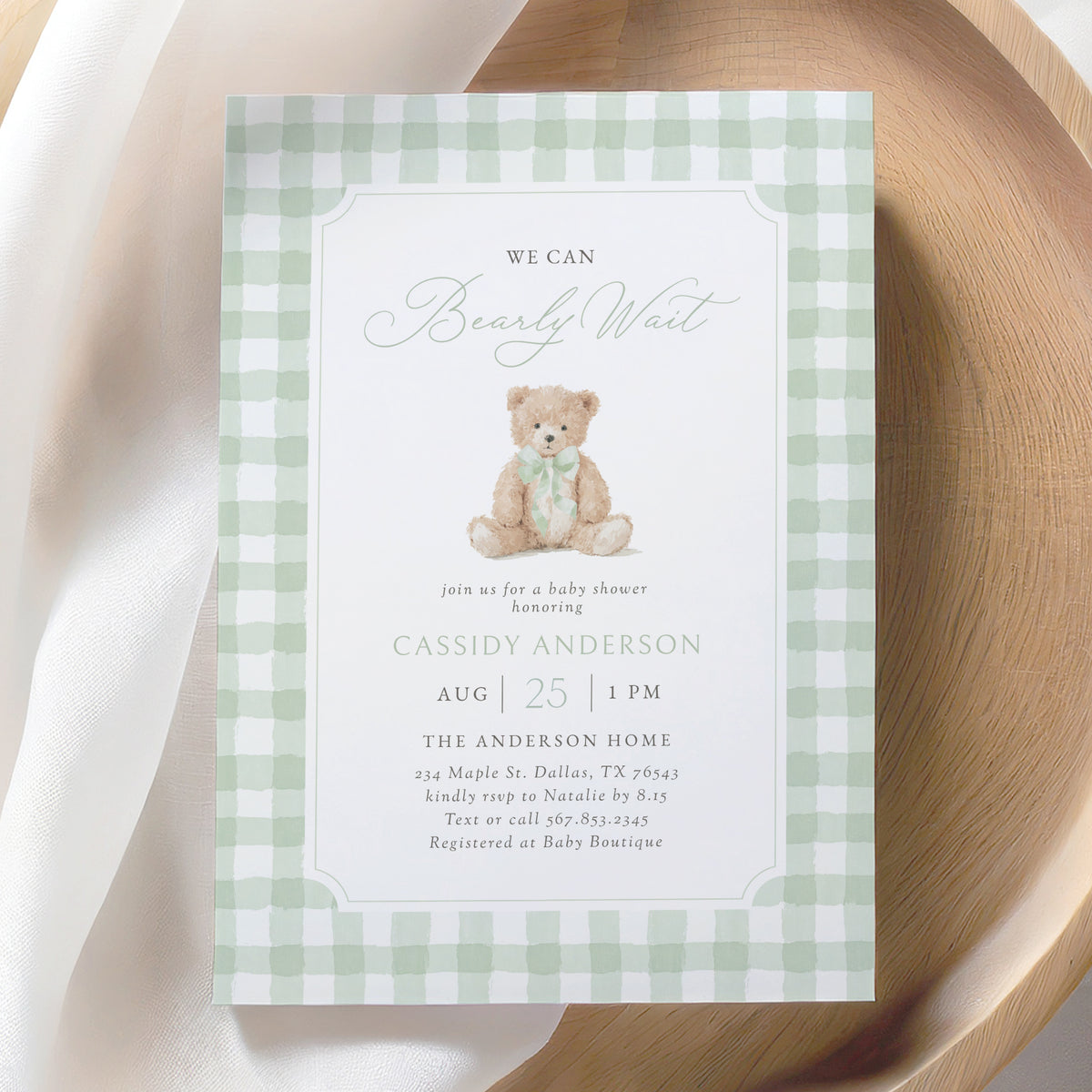 Sage Green Gingham Teddy Bear Baby Shower Invitation