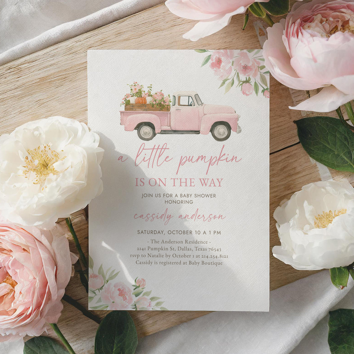 Pink Truck Pumpkin Baby Shower Invitation