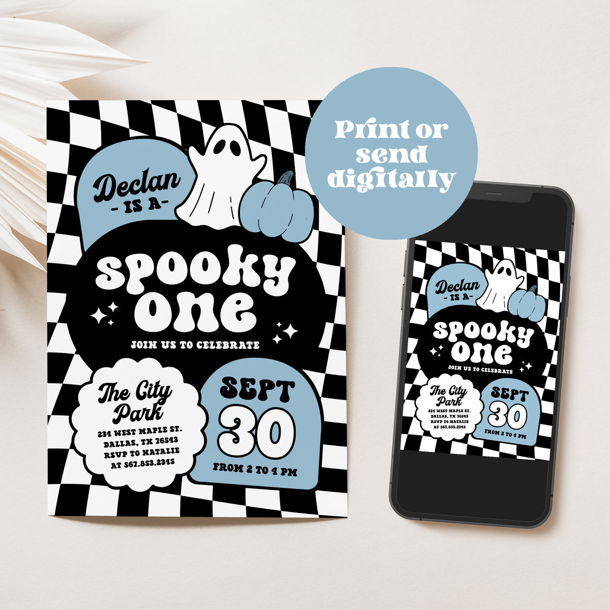 Blue Retro Checker Spooky One Halloween Birthday Invitation