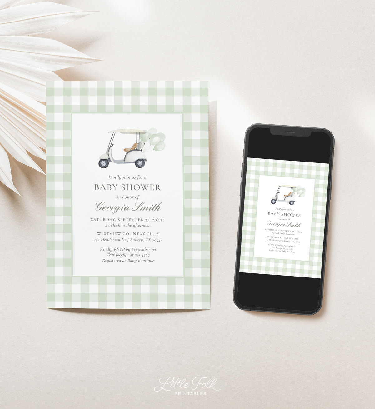 Editable Green Gingham Golf Baby Shower Invitation Template