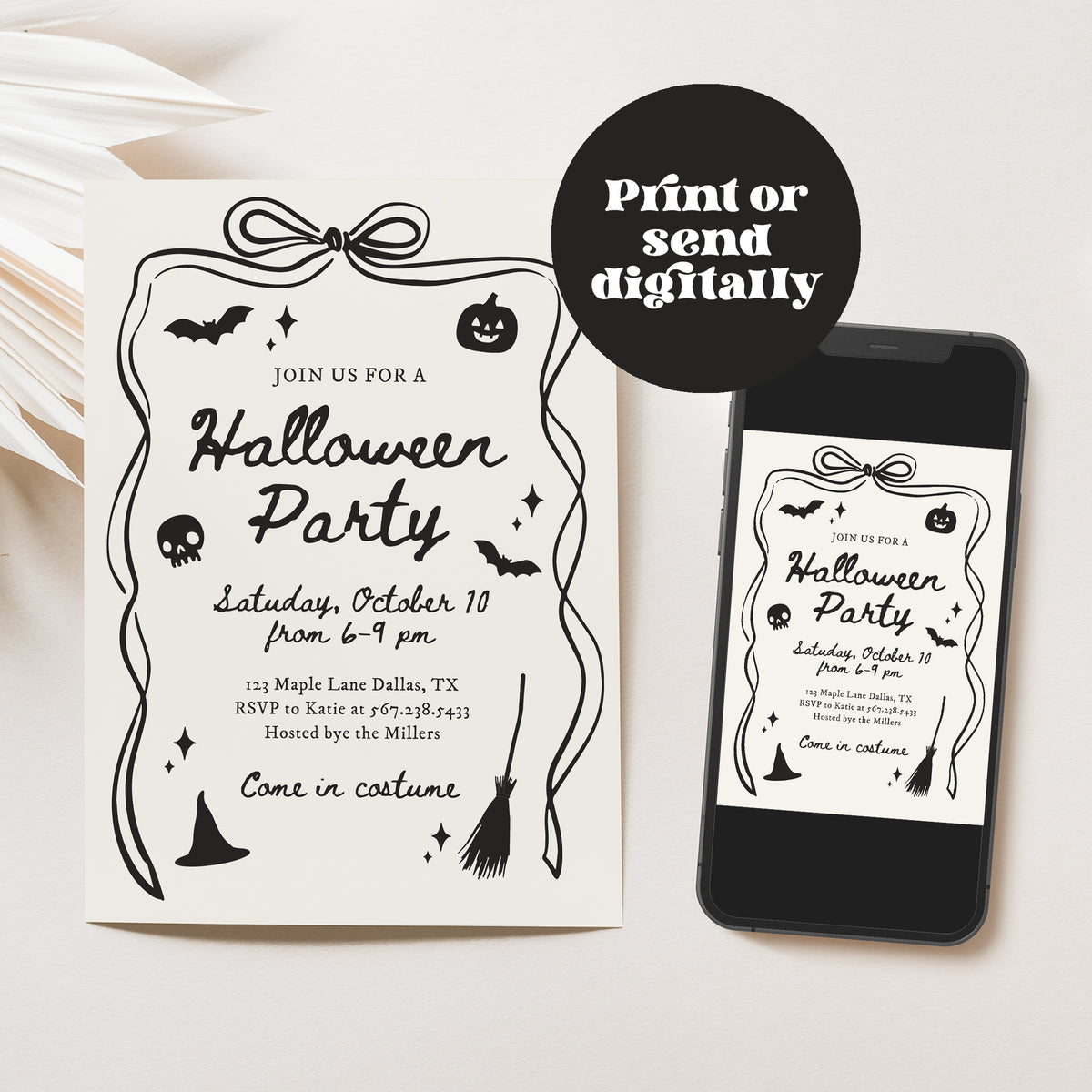Black Bow Hand Drawn Halloween Party Invitation