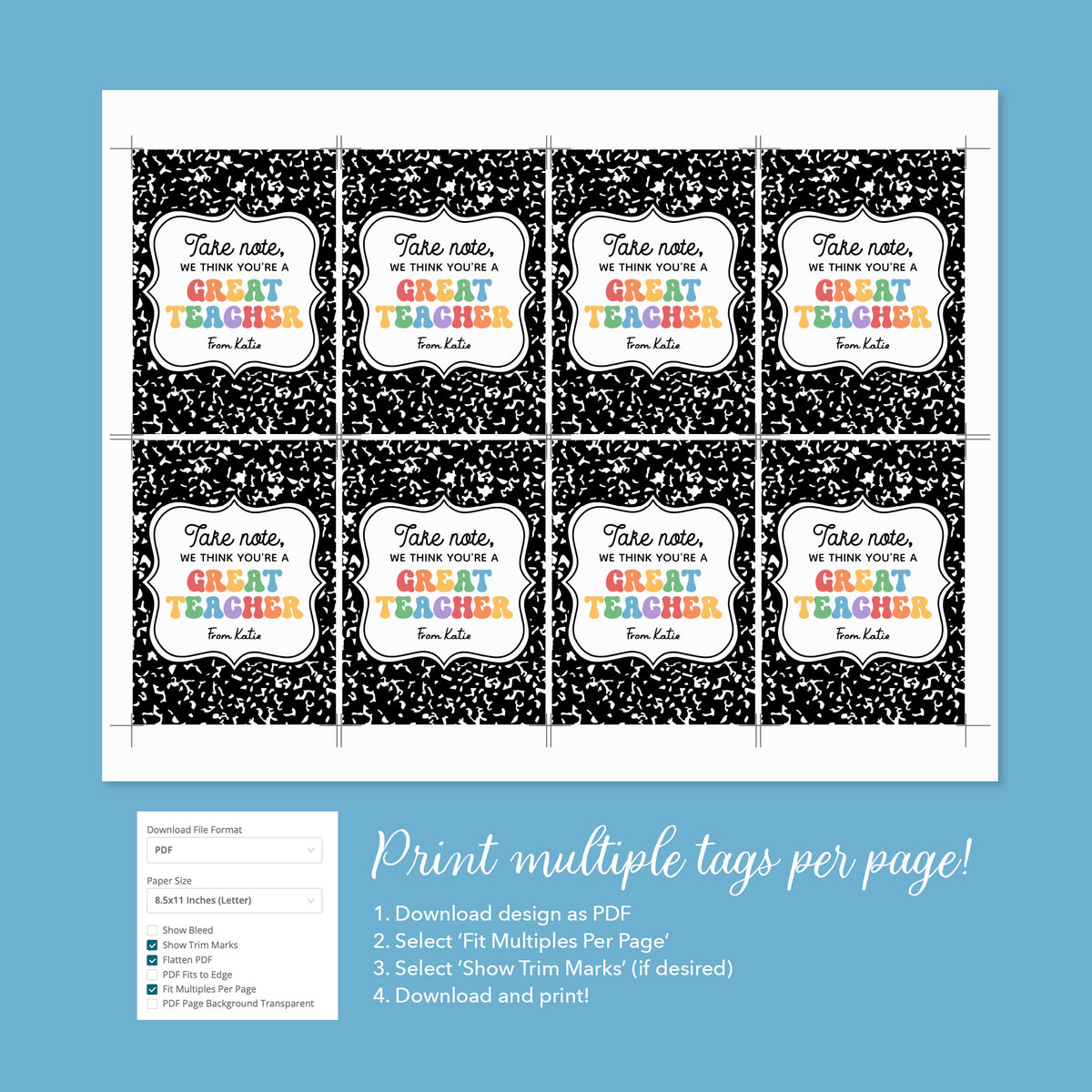 Journal Teacher Appreciation Tag Template