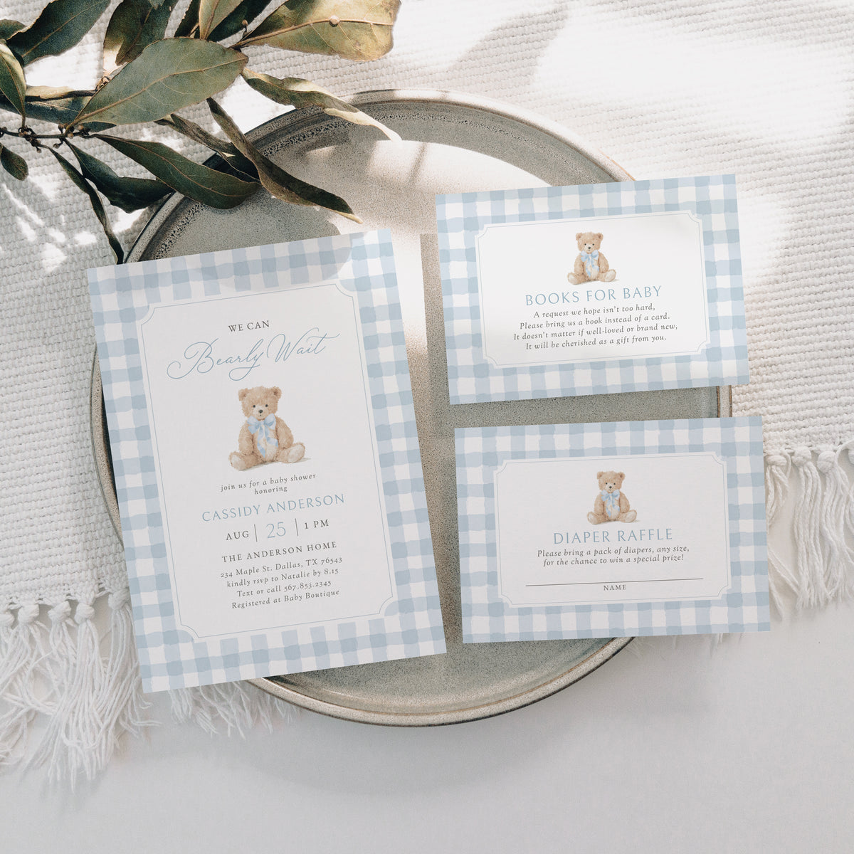 Blue Gingham Teddy Bear Baby Shower Invitation Suite