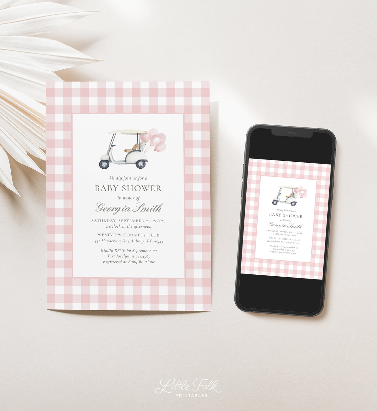 Editable Pink Gingham Golf Baby Shower Invitation Template