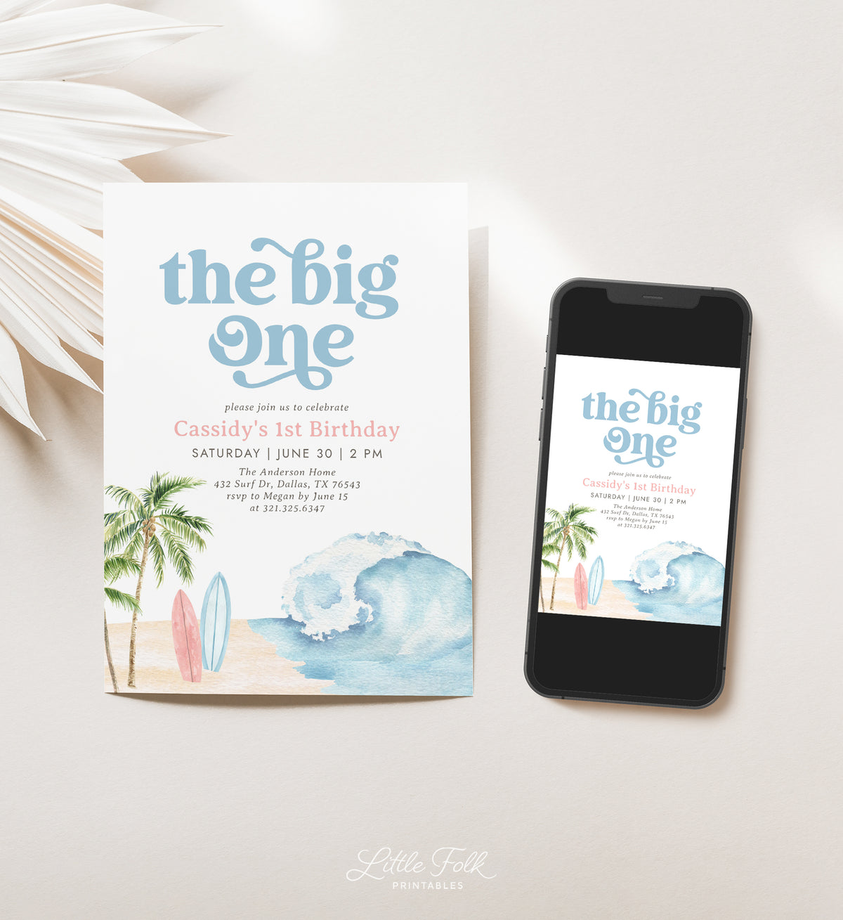 The Big One Pink Surf Birthday Invitation Template