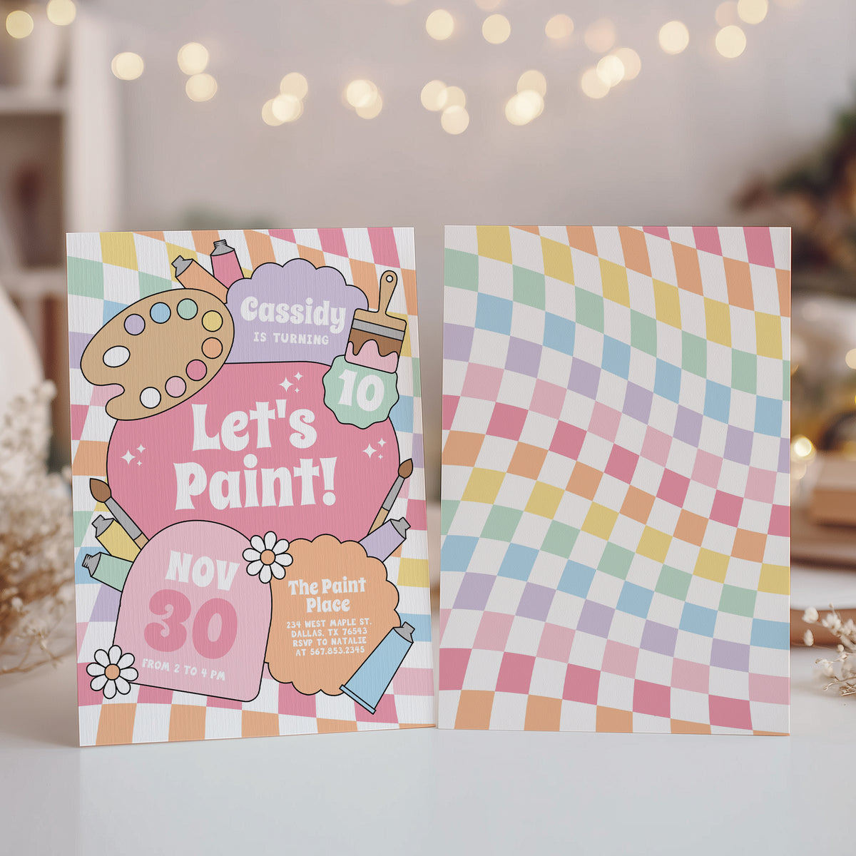 Groovy Pastel Rainbow Checker Art Birthday Invitation