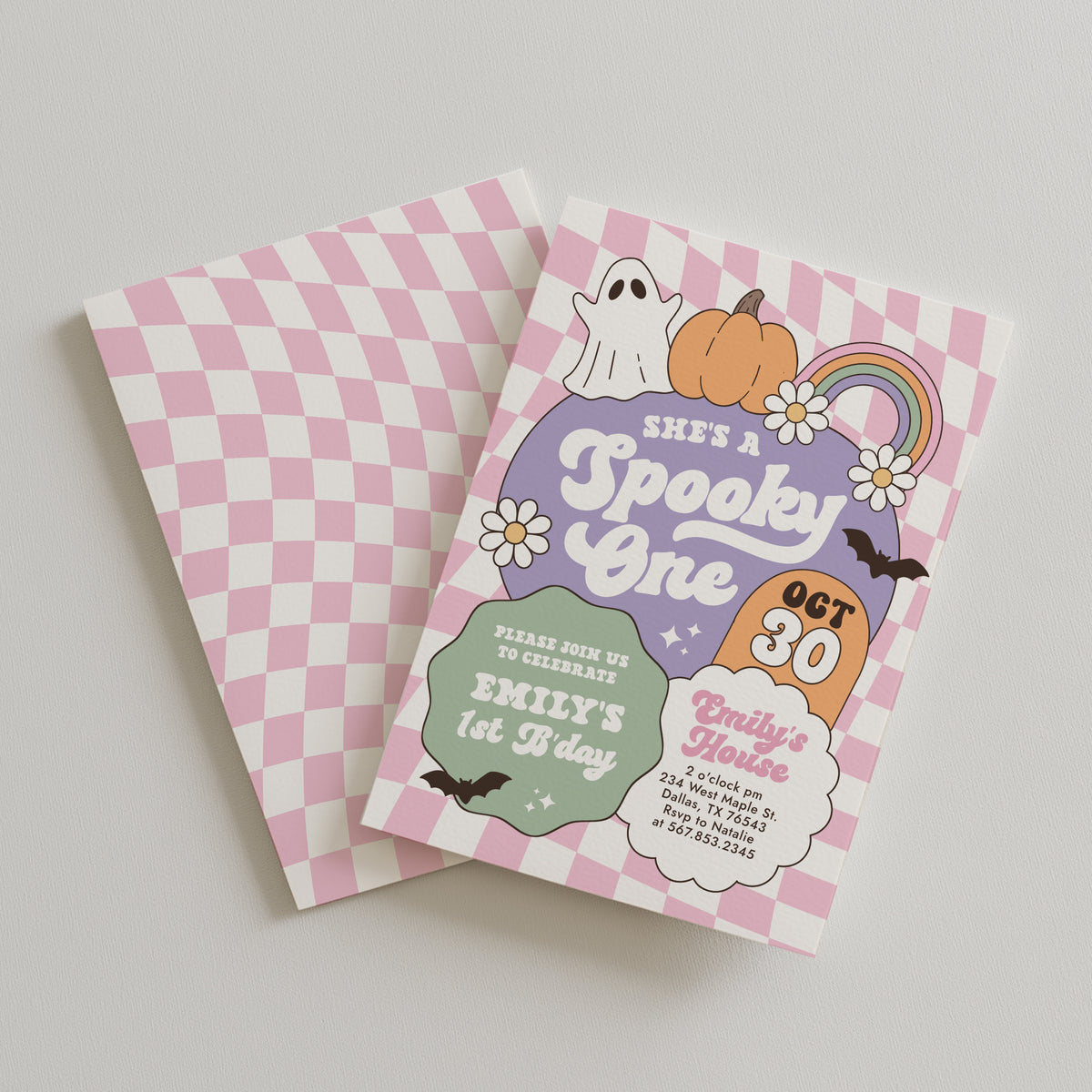 Pink Retro Checker Spooky One Halloween Birthday Invitation