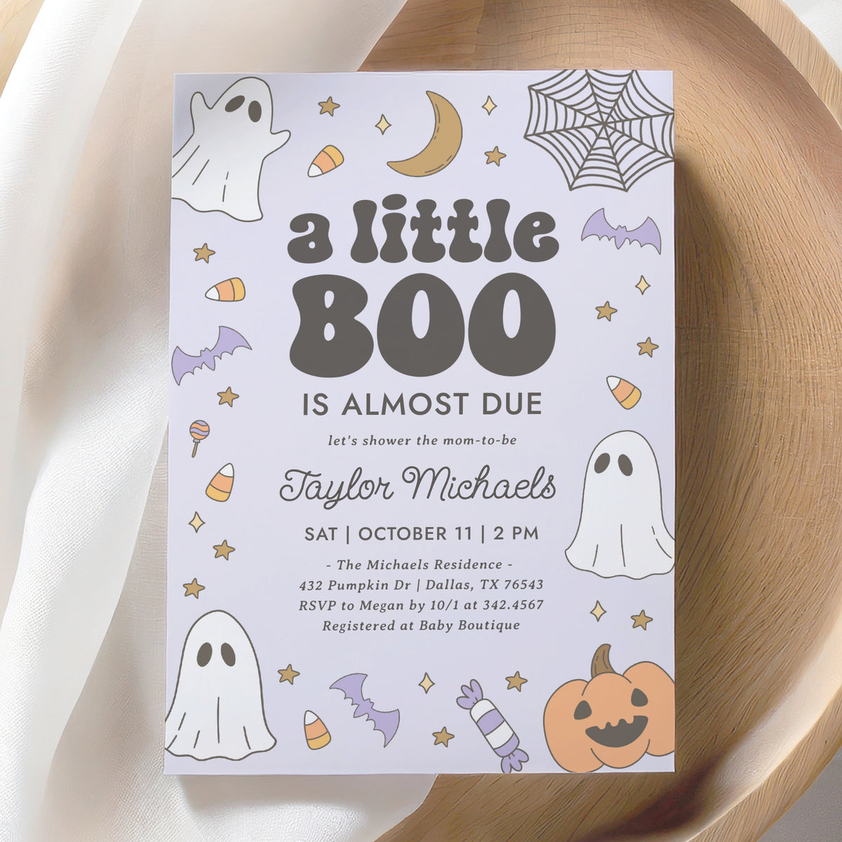 Little Boo Retro Baby Shower Invitation Template (Purple)