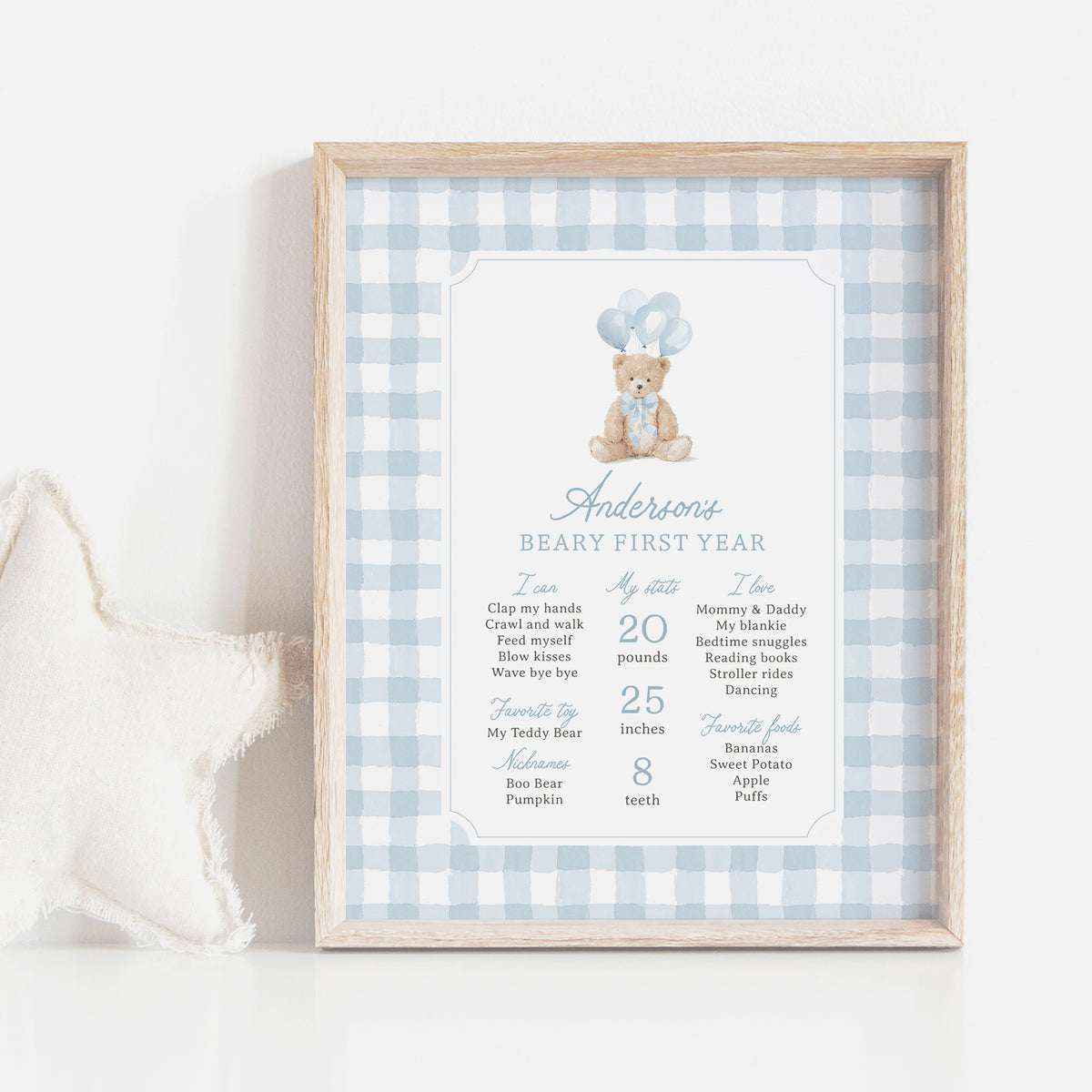 Blue Gingham Teddy Bear Birthday Milestone Sign