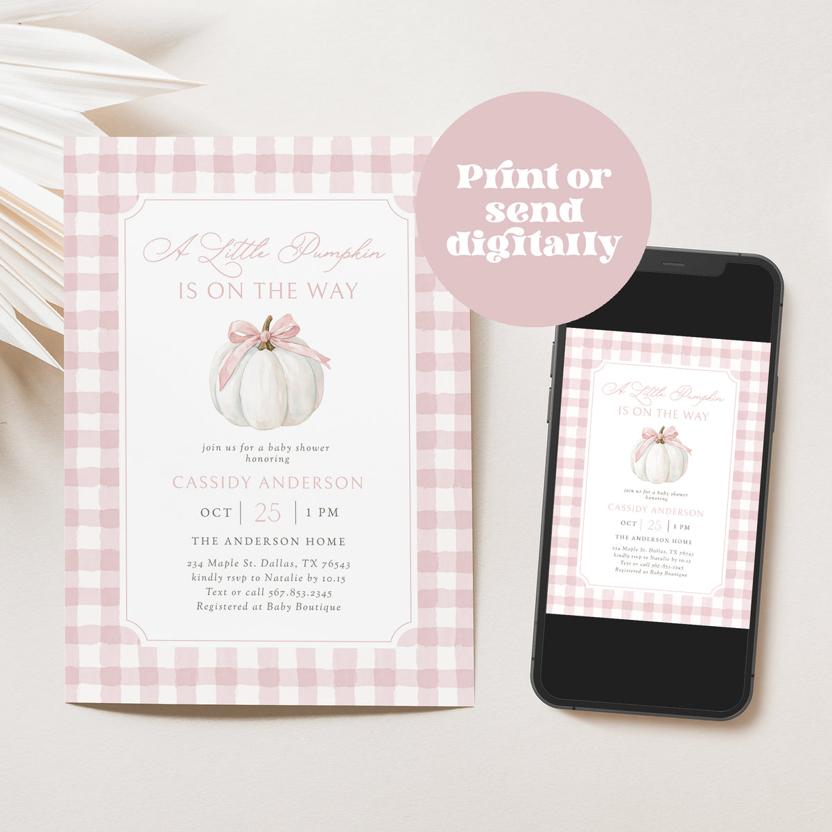 Pink Gingham Pumpkin Baby Shower Invitation
