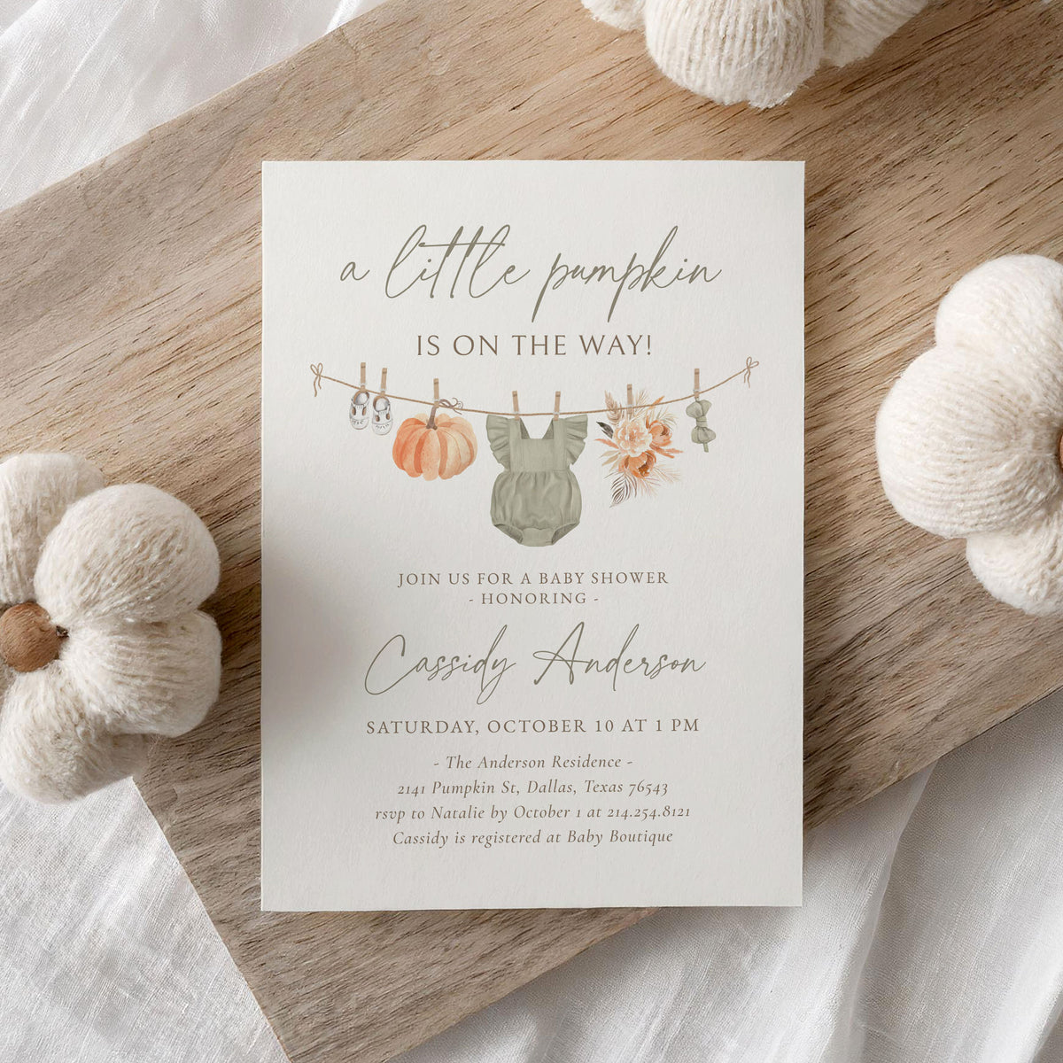 Little Pumpkin Clothesline Girl Baby Shower Invitation