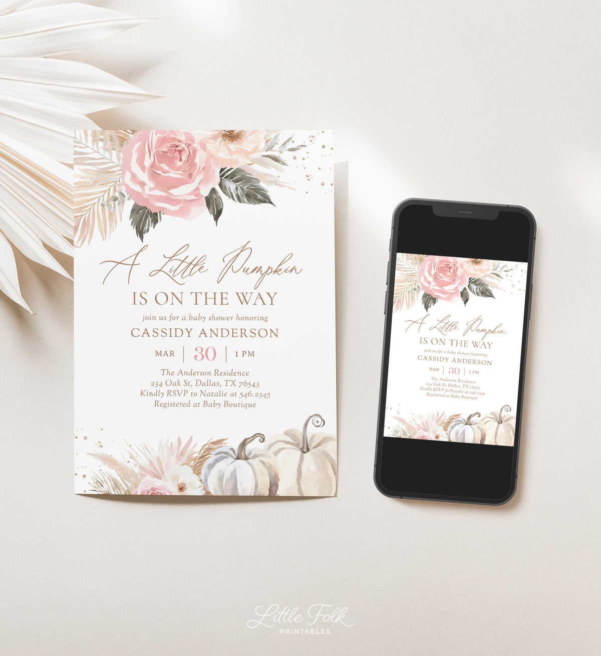 Pink Boho Little Pumpkin Baby Shower Invitation