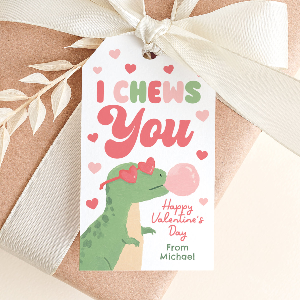 I Chews You Dinosaur Valentine's Tag Template