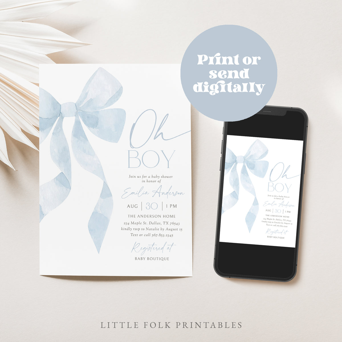 Blue Bow Baby Shower Invitation