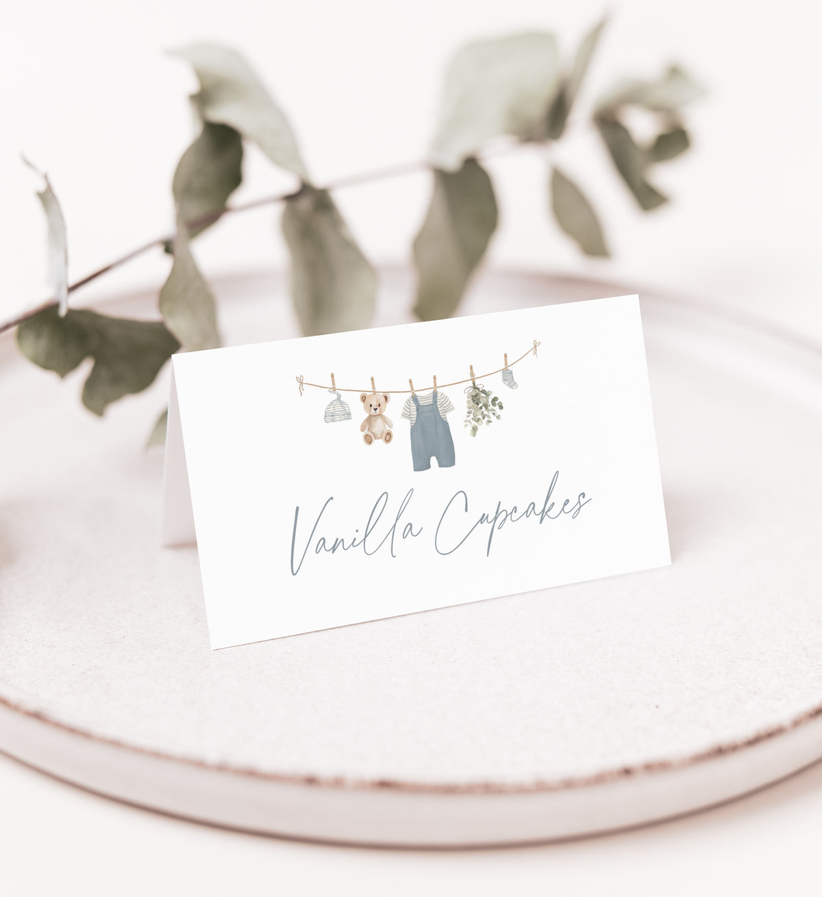 Blue Overalls Clothesline Baby Shower Tent Card