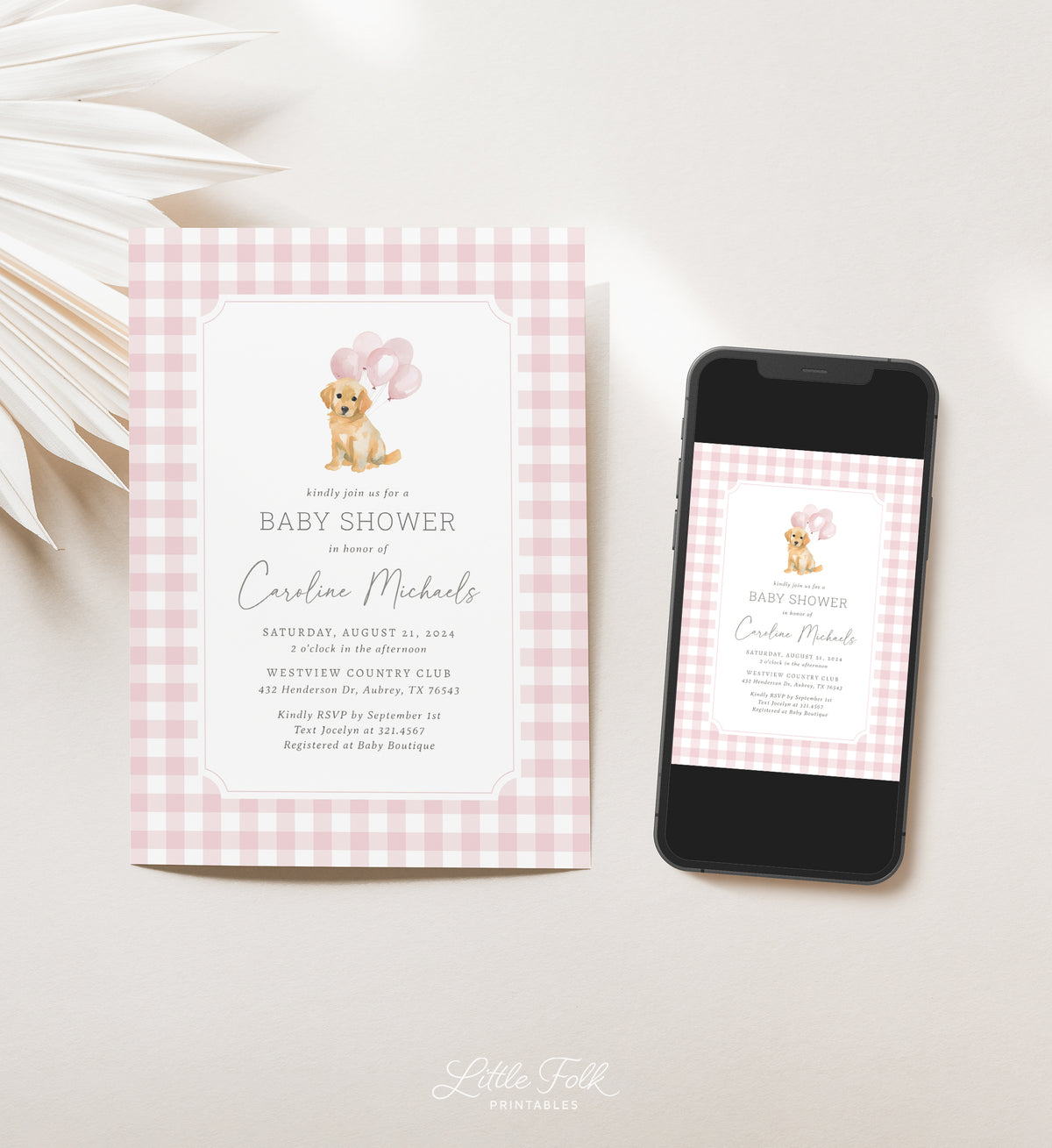 Pink Gingham Golden Retriever Baby Shower Invitation