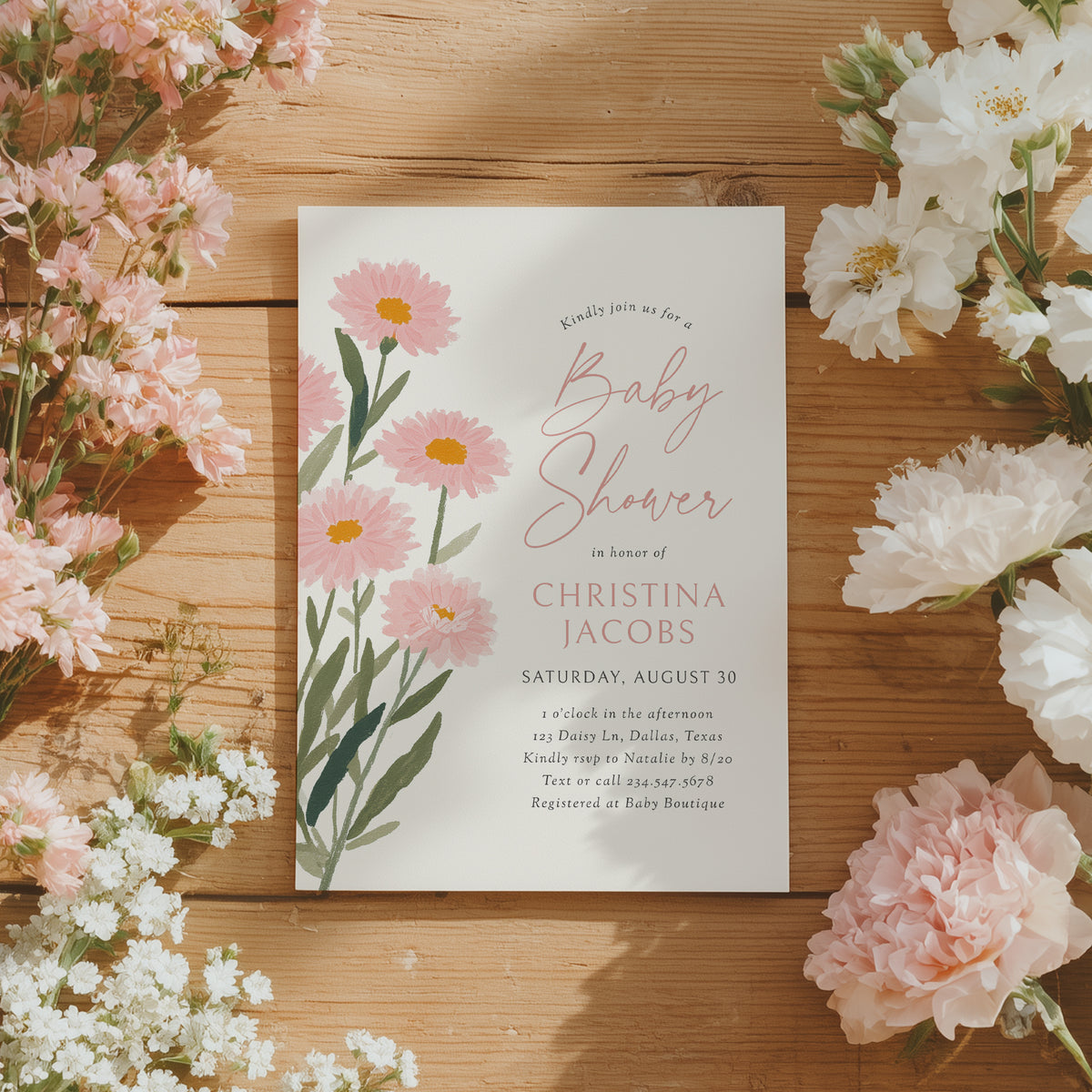 Pink Daisy Baby Shower Invitation Template