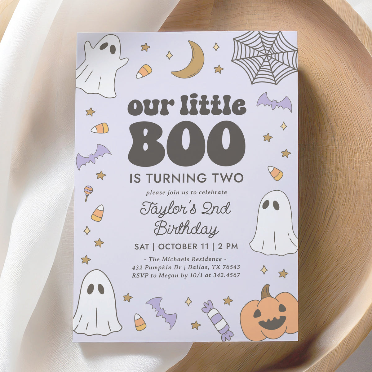Little Boo Retro Birthday Invitation Template (Purple)