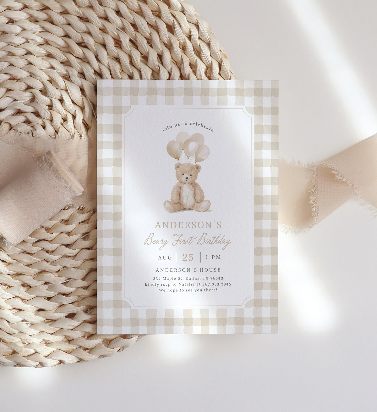 Neutral Gingham Teddy Bear Birthday Invitation