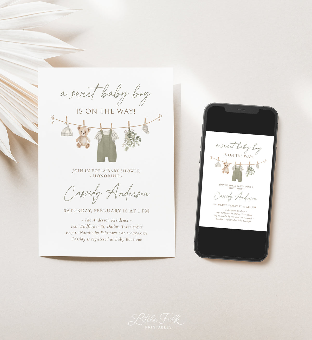 Sage Green Clothesline Baby Shower Invitation