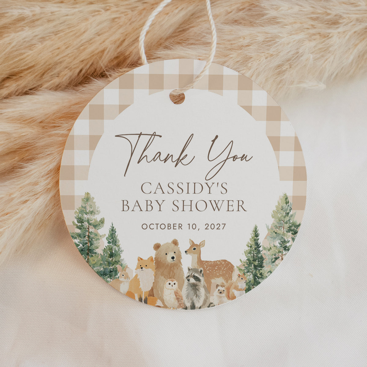 Woodland Gingham Baby Shower Round Tag
